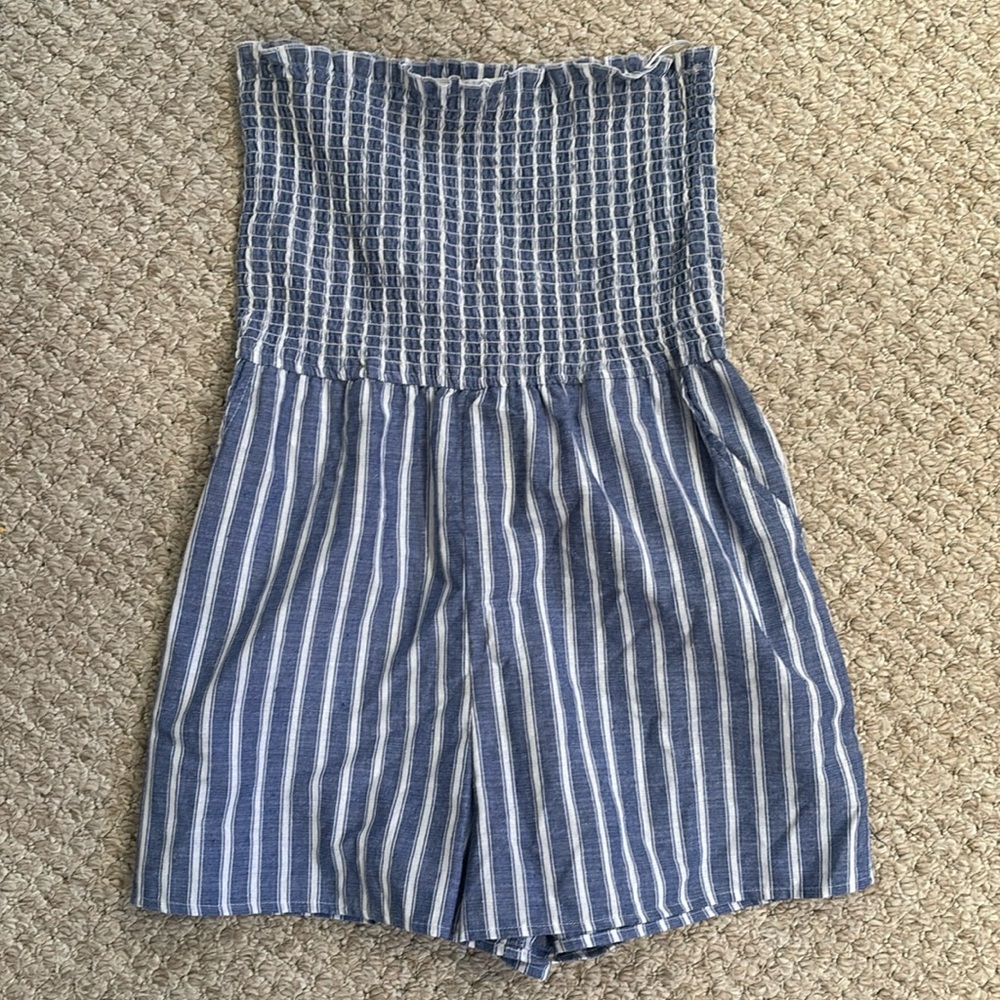 Love Tree Blue and White Striped Romper size L
